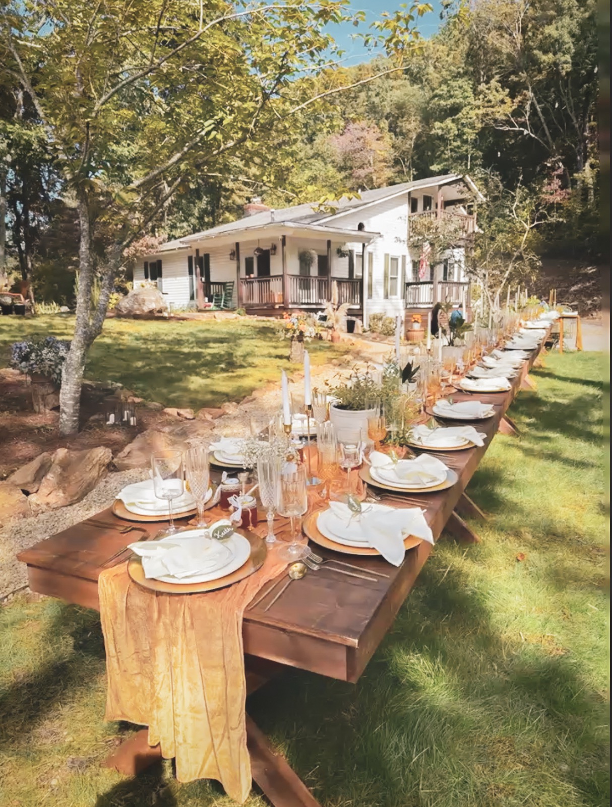 Reception tables with floral arrangements at our Blue Ridge mountain wedding